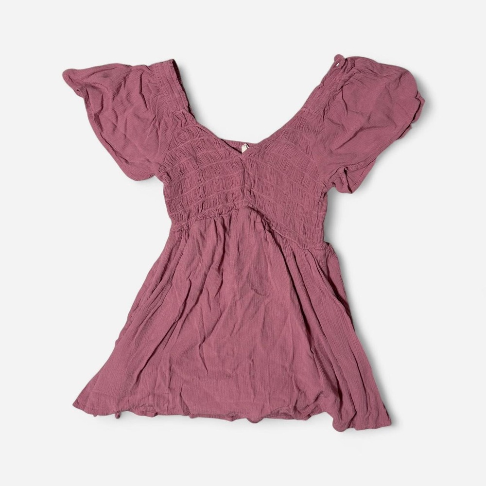 Blush Pink Boho Smocked Romper with Built In Shorts Flutter Sleeve S